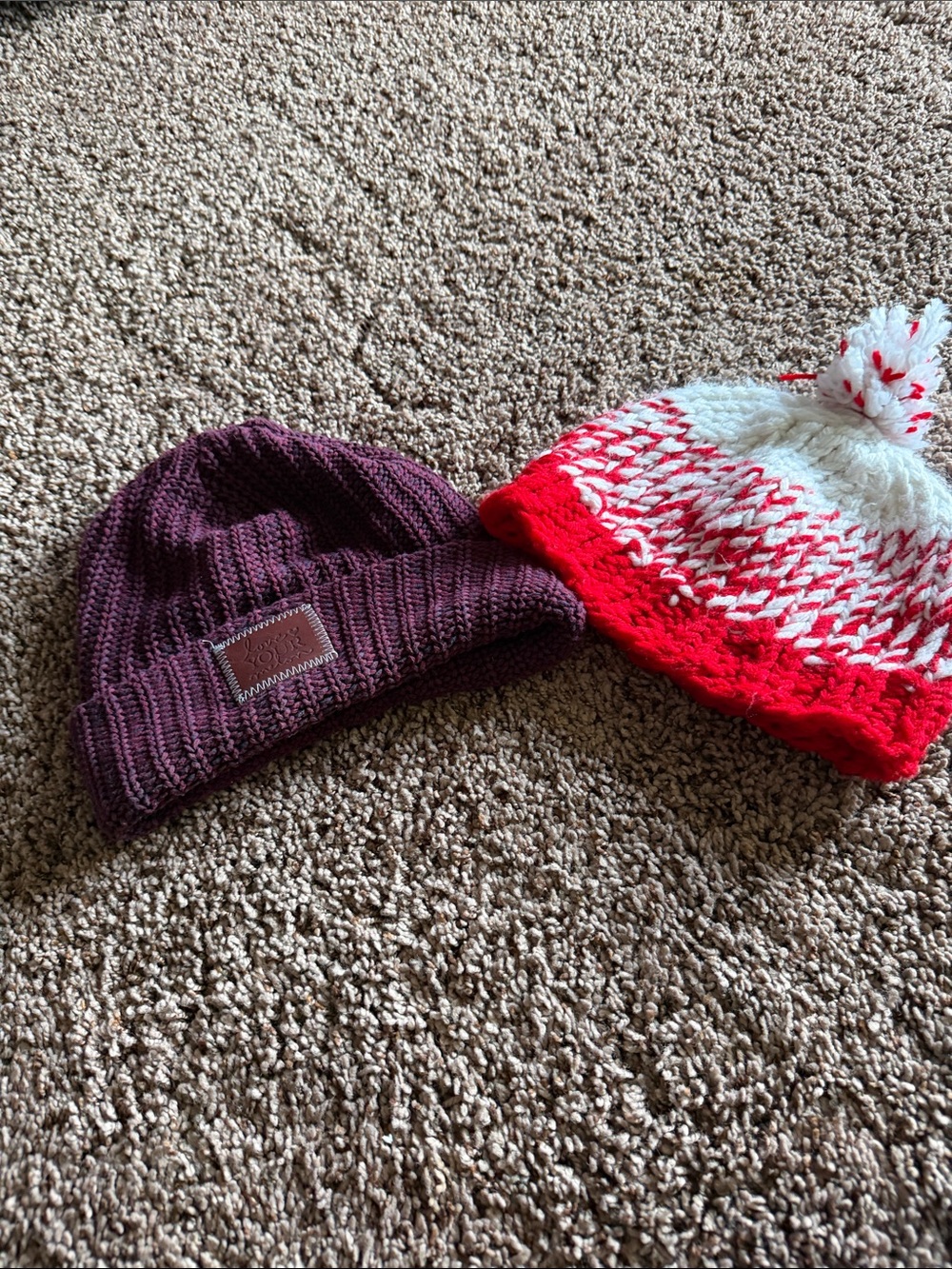 Burgundy Knit Beanie with Leather Patch plus red and white hat